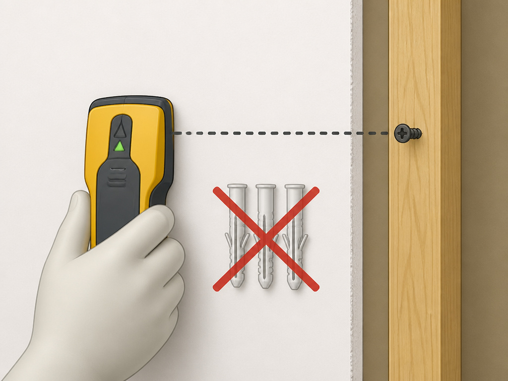 Using a stud finder to locate wood studs instead of clustering drywall anchors.
