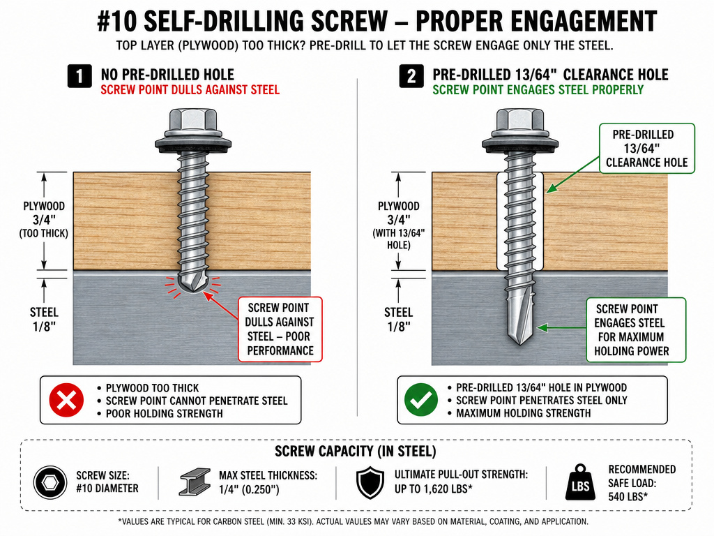 Cross-section diagram of pre-drilling a clearance hole for a #10 self-drilling screw.
