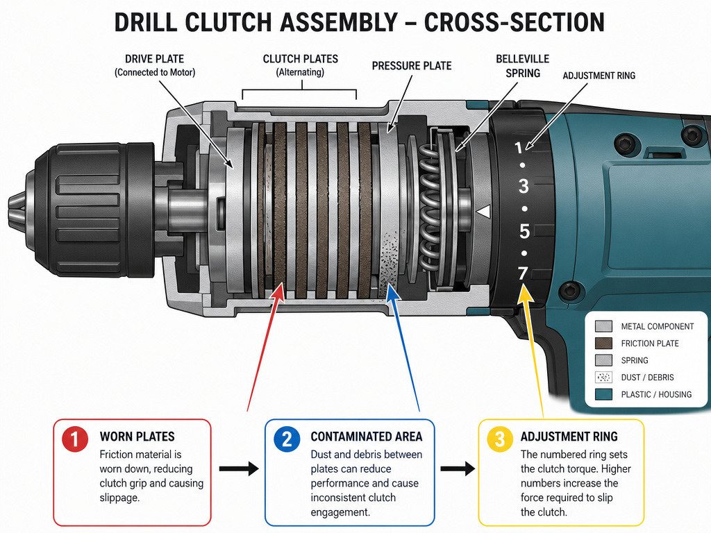 Diagram of a drill clutch mechanism showing worn parts and contamination.