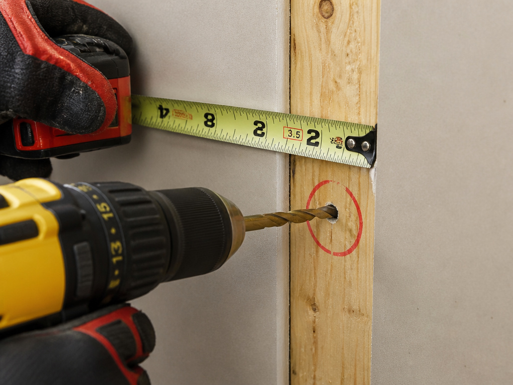 Close-up of drilling into a drywall stud with a tape measure for scale.