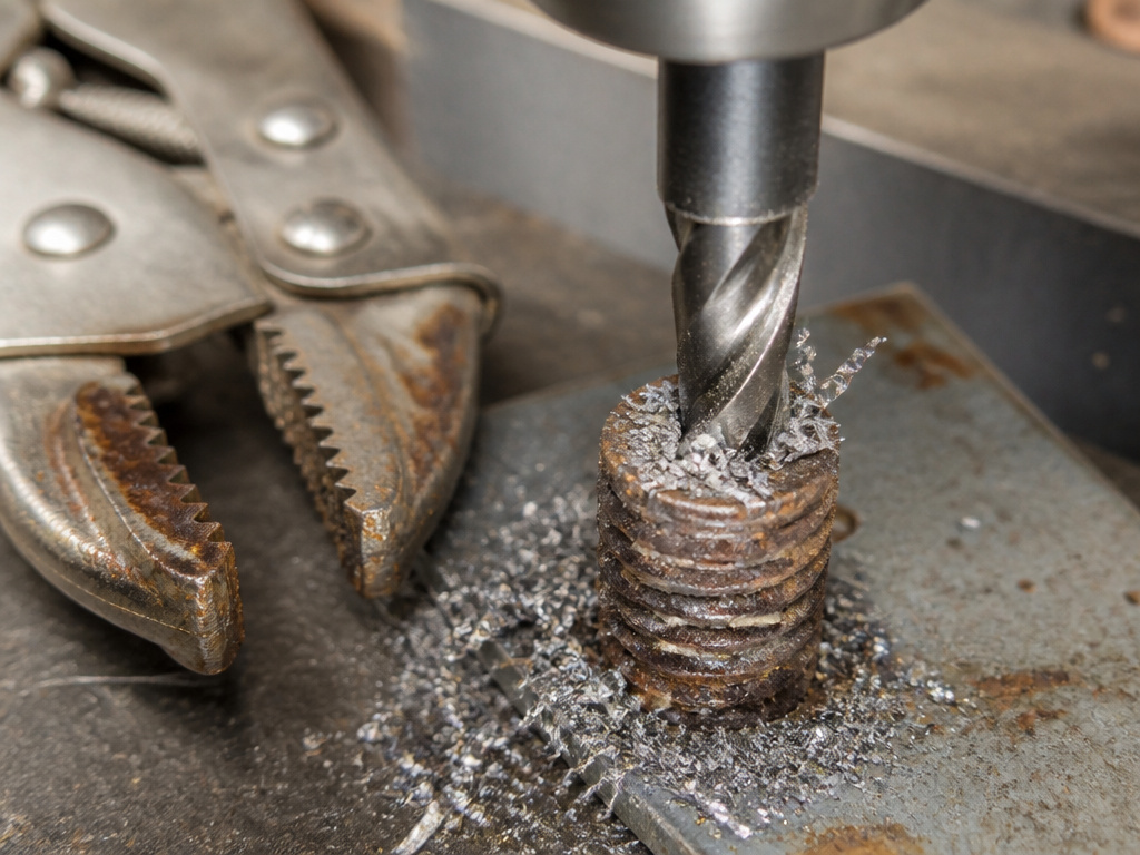 Close-up of drilling out a broken, rusted screw with a power drill.
