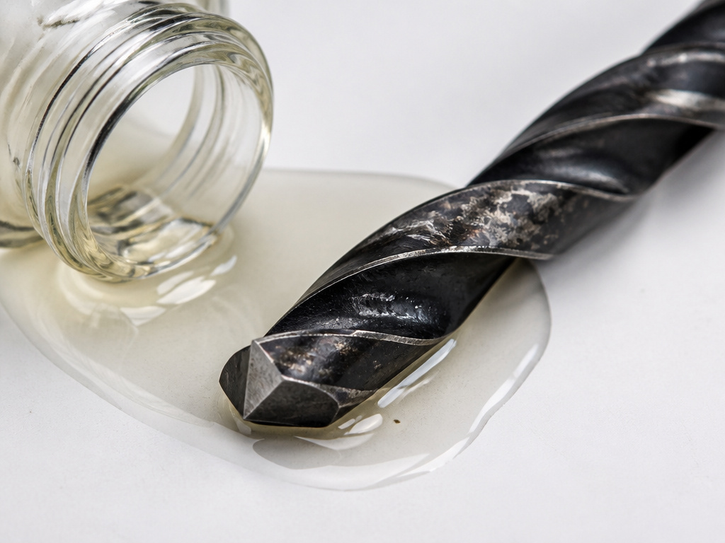 Rust removal alternative for a damaged black coated drill bit using mineral oil.
