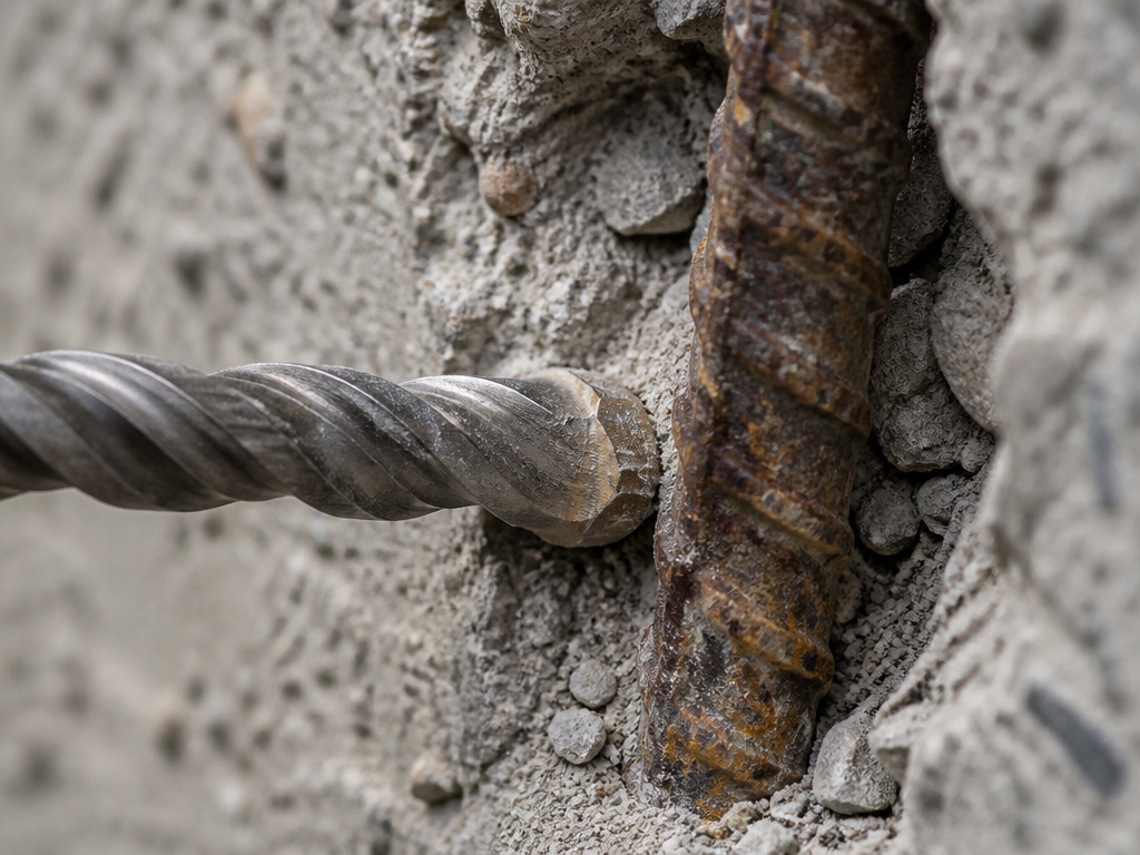 Masonry drill bit hitting steel rebar inside a concrete wall.