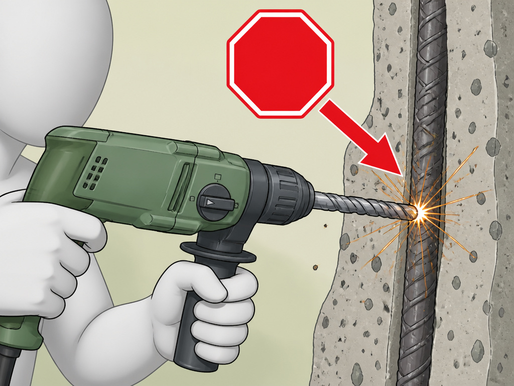 Star drill hitting metal rebar in concrete wall, warning to stop work