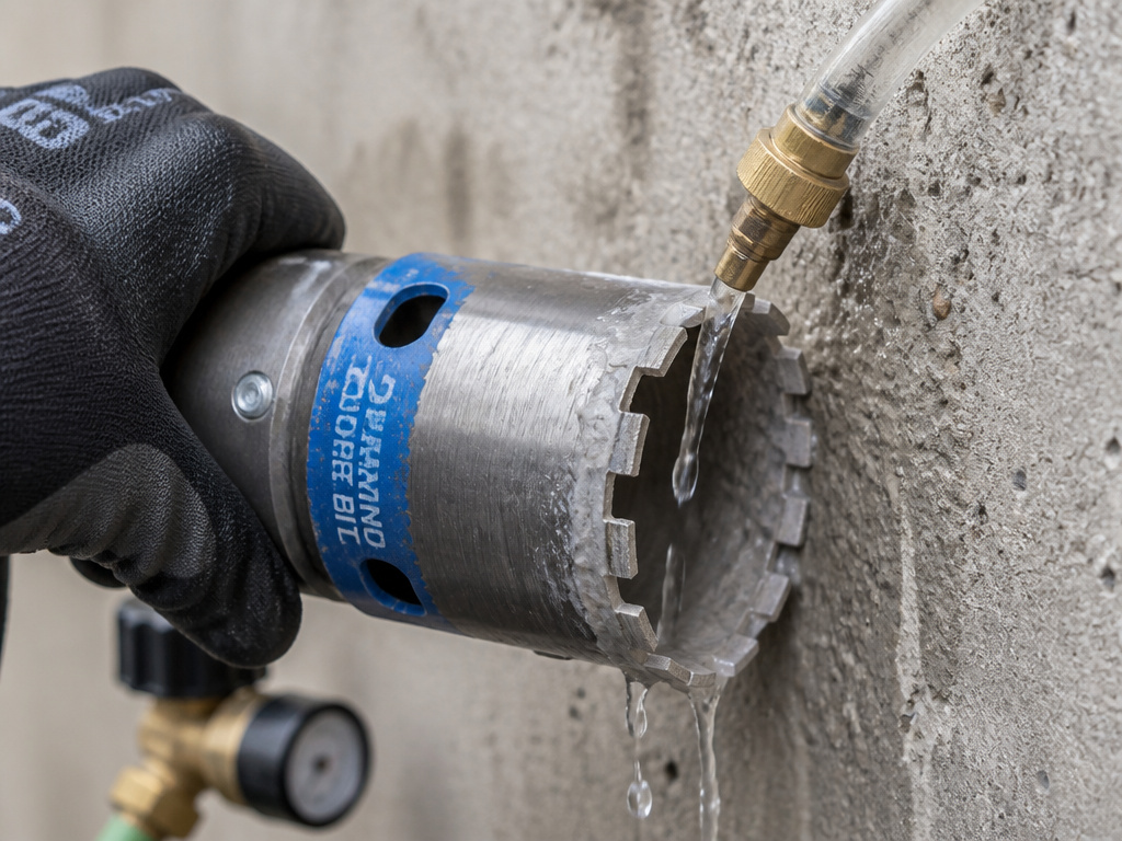 Wet drilling into cement with water cooling a core drill bit.