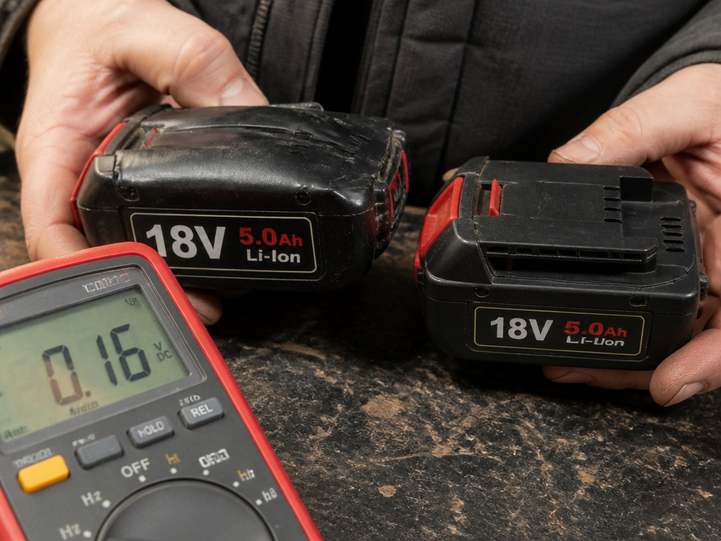 Swollen drill battery and multimeter showing low voltage, signs it needs replacement
