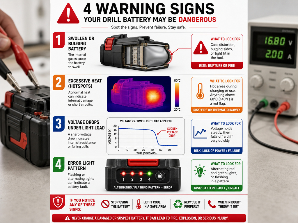 Warning signs of a failing drill battery that cannot be charged without a charger.