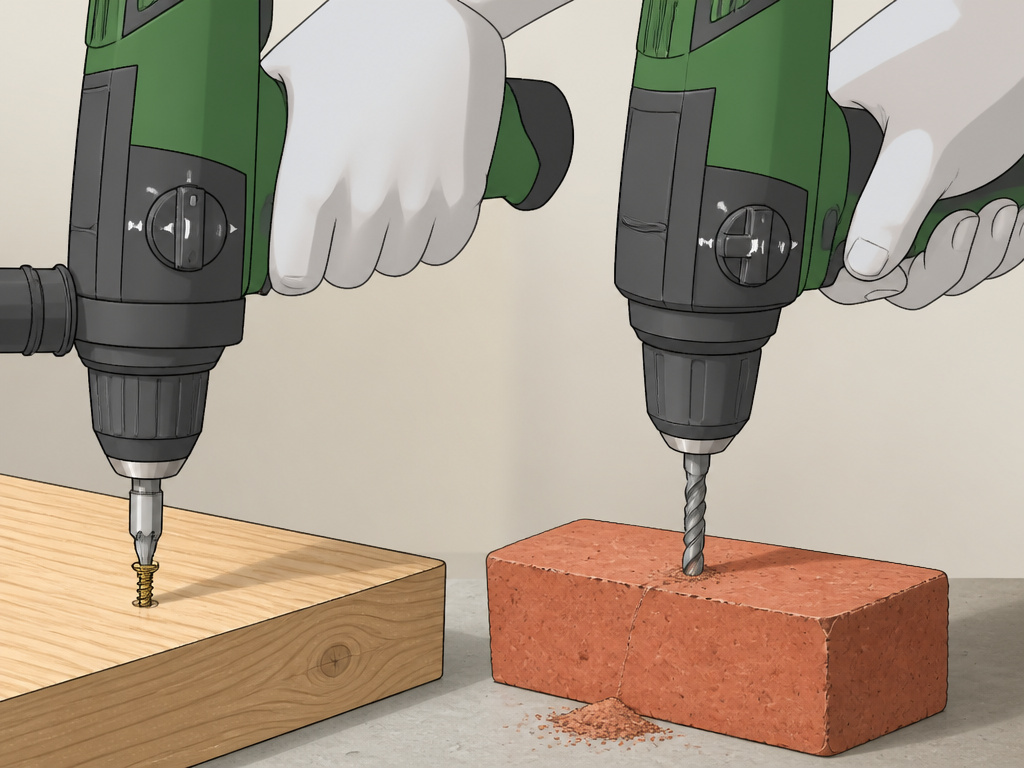 Hammer drill used for driving screws into wood and drilling small holes in brick.