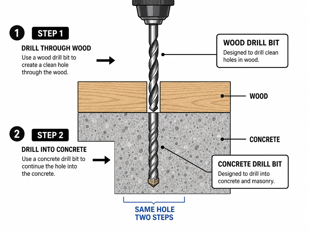 Diagram of two-step drilling through wood into concrete for ledger board anchoring