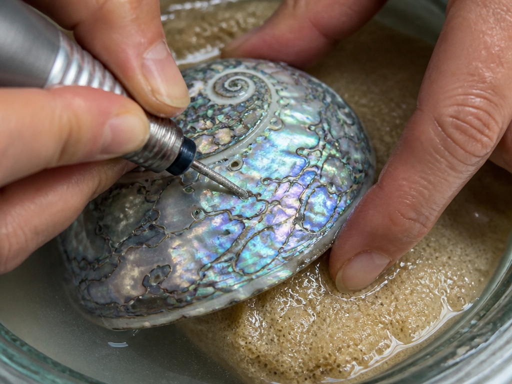 Drilling a hole in a fragile abalone shell with a diamond bit under water.