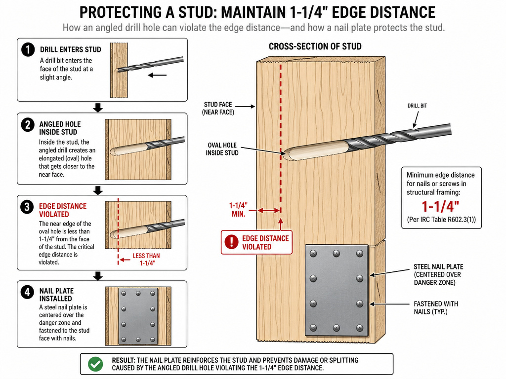 Cross-section diagram showing why angled drilling into a stud requires a nail plate.