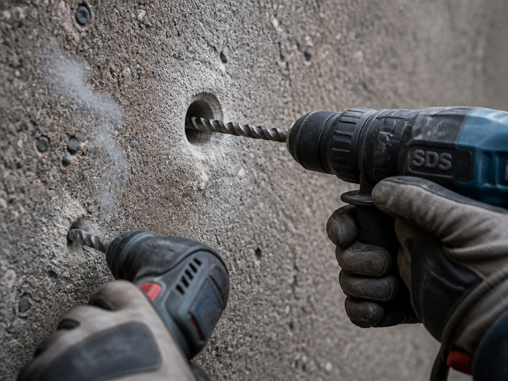 SDS drill vs hammer drill performance in concrete, showing hole size and capability.