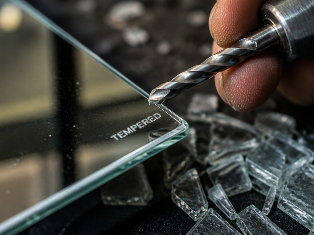 Close-up of a tempered glass warning label with a drill bit poised nearby.