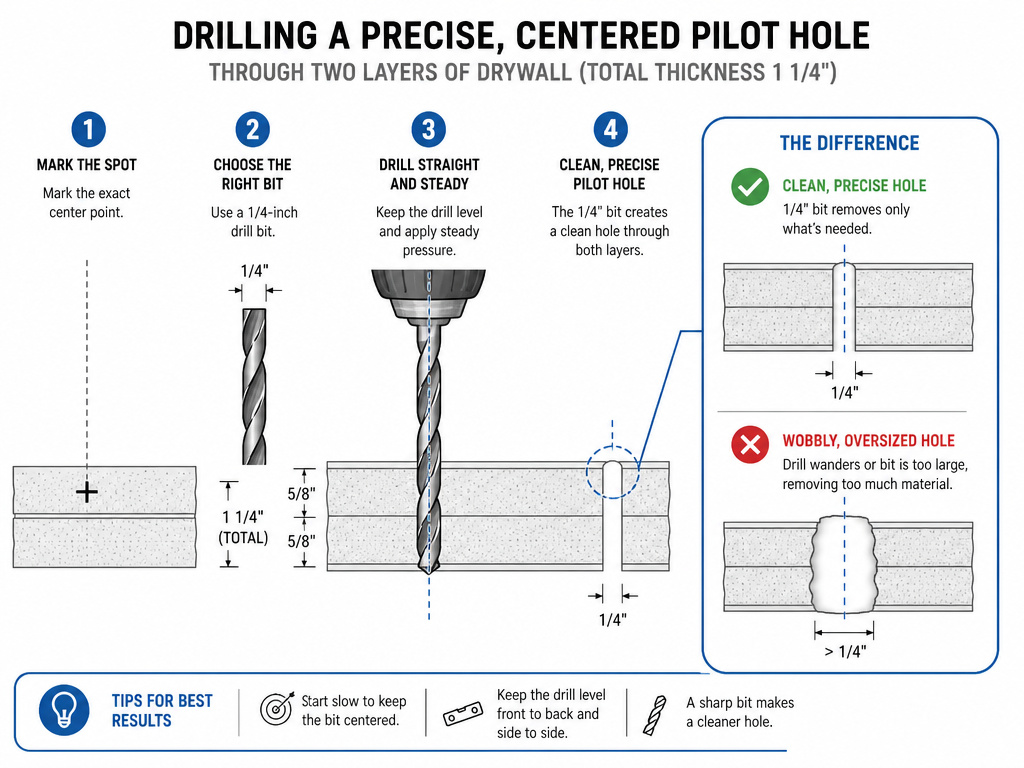 Cross-section of drilling a pilot hole for anchor in double-layer drywall