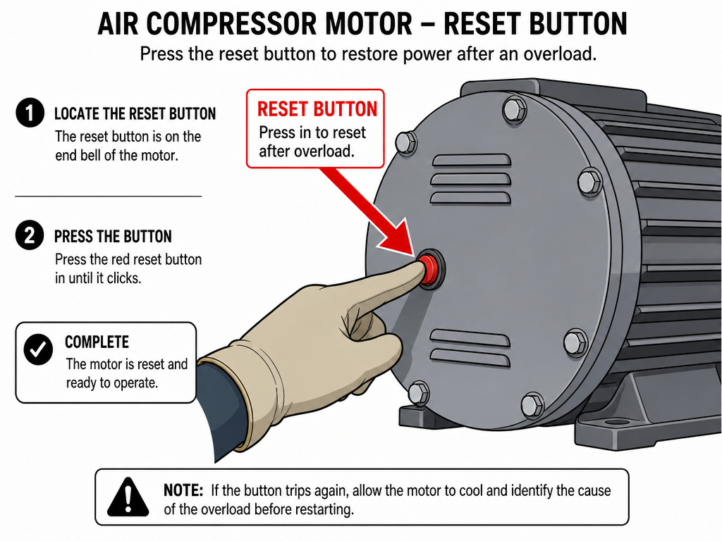 Locating and pressing the thermal overload reset button on an air compressor motor.