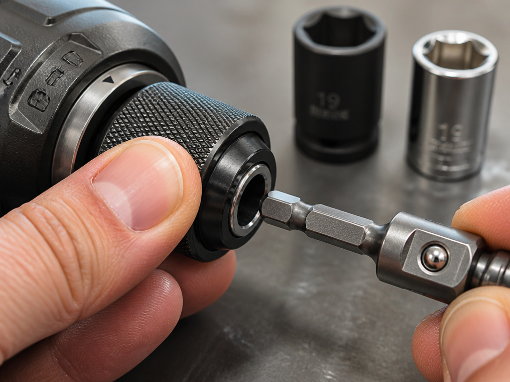Close-up of inserting a hex shank adapter into a drill's collet mechanism.