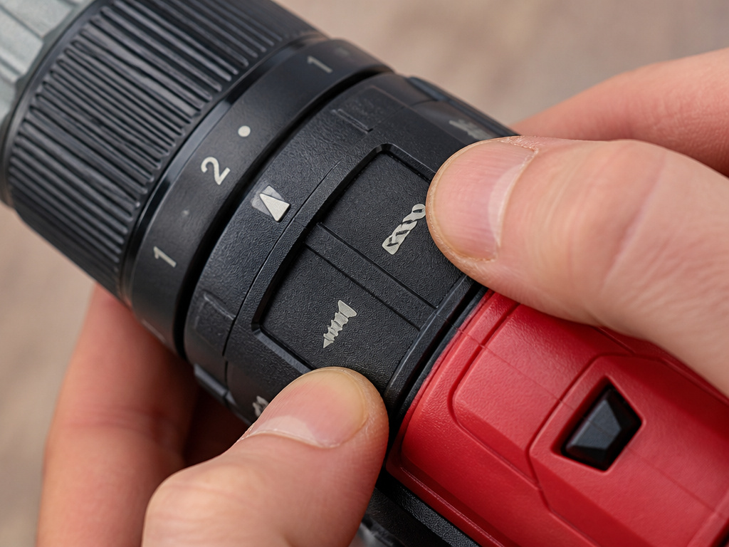 Close-up of a drill's selector dial being set to screwdriver mode.
