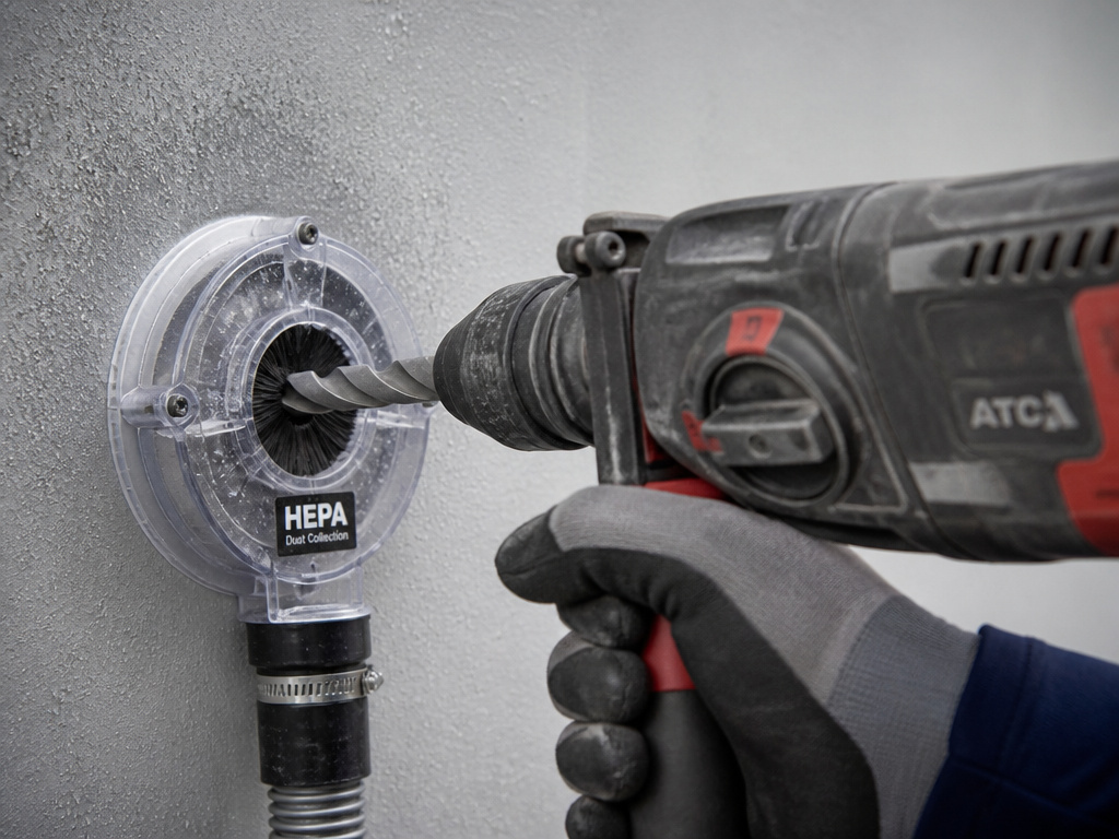 Proper safety procedure for drilling into a potential asbestos plaster wall.