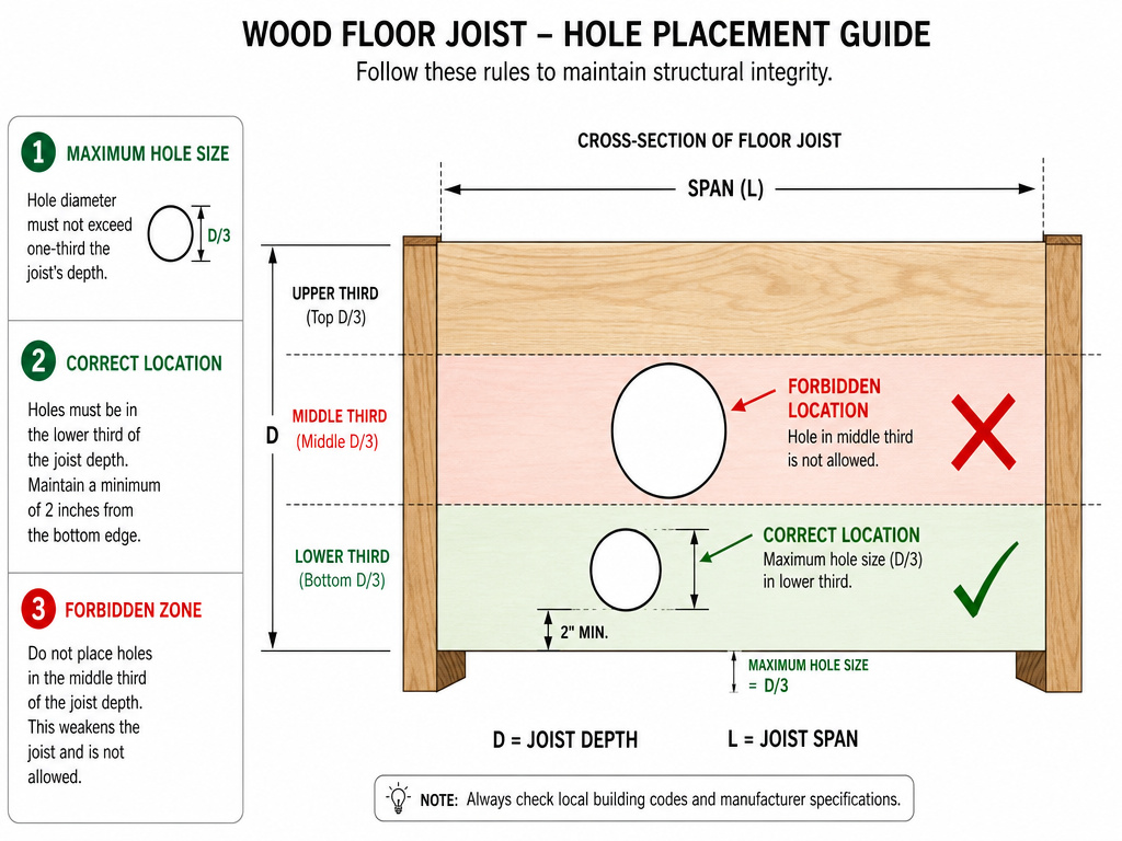 Correct and incorrect placement for drilling large holes in structural wood joists.