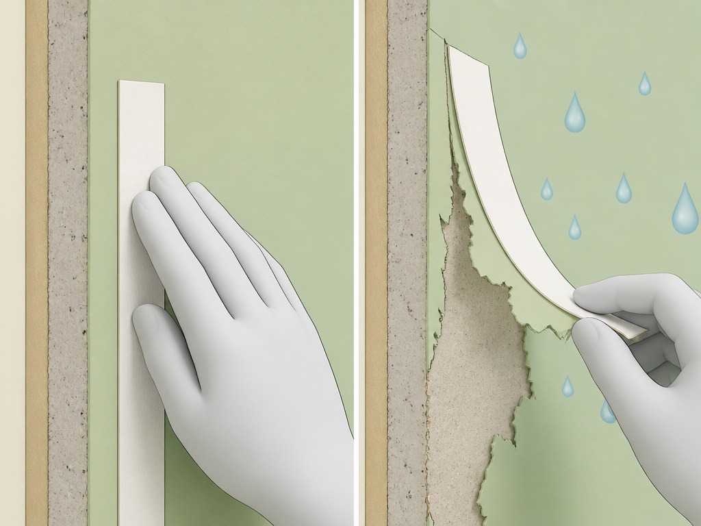 Diagram of adhesive strip failing on flaky paint or in humid conditions.