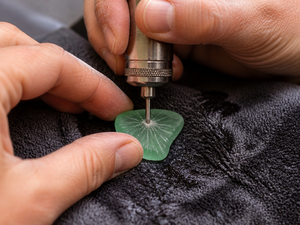 Close-up of cracked sea glass from excessive drilling pressure and heat.