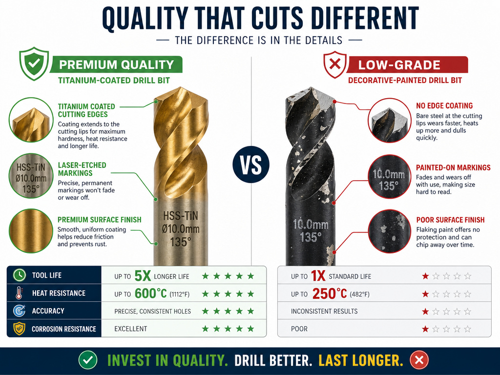 Visual guide comparing genuine versus fake colored metal drill bits for identification.