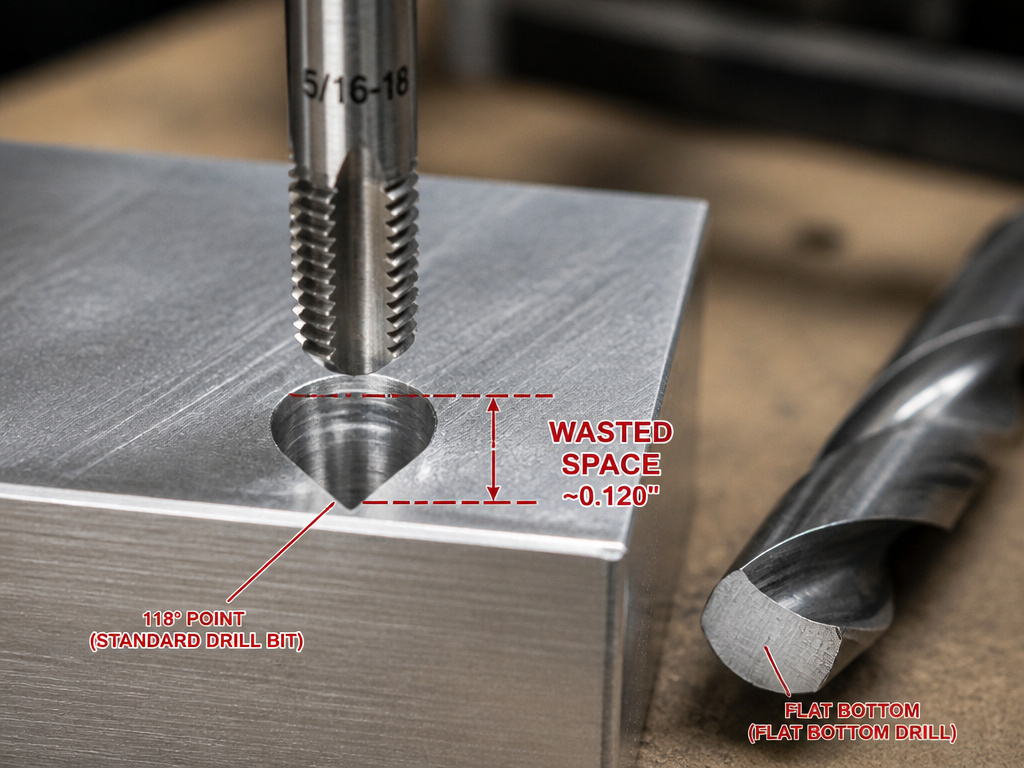 Close-up comparing conical and flat-bottom drill holes for a 5/16 tap thread.
