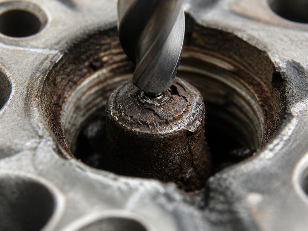 Close-up of drilling out a corroded, broken bolt from an aluminum housing.