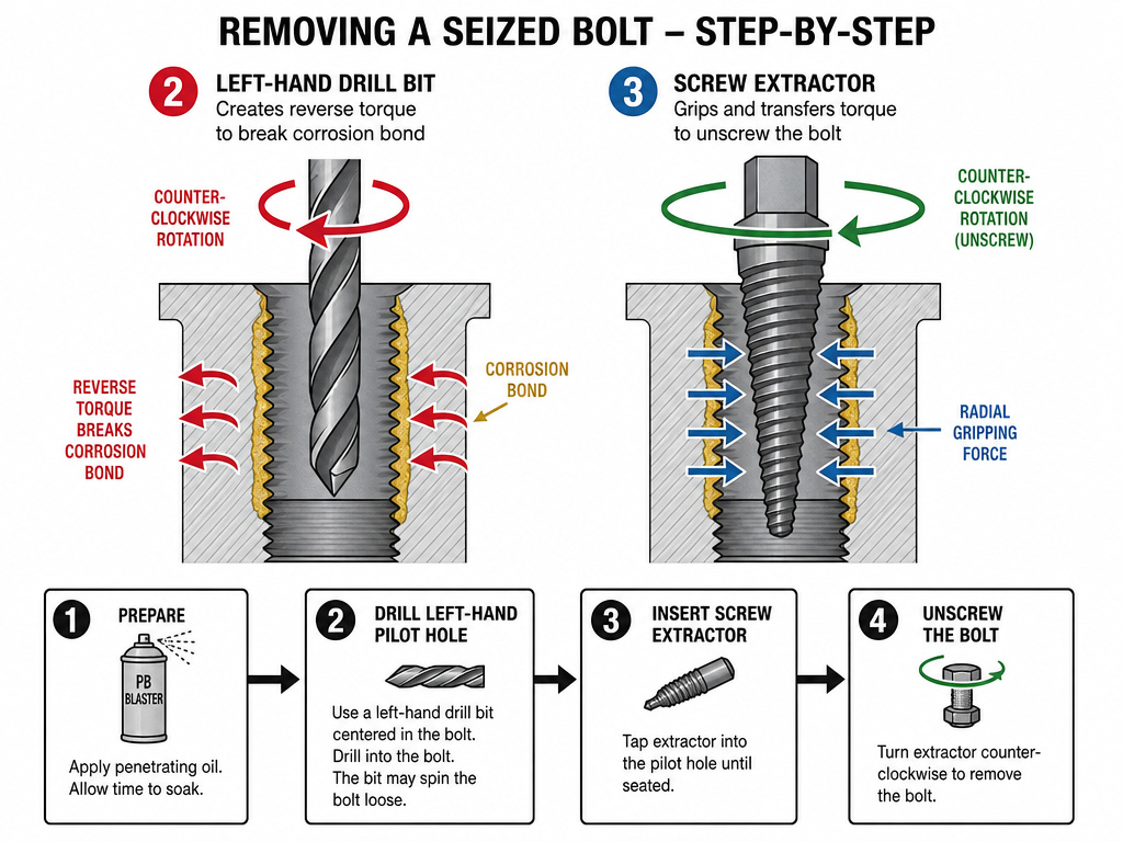 Diagram of left-hand drill bit and screw extractor mechanics removing a stripped bolt.
