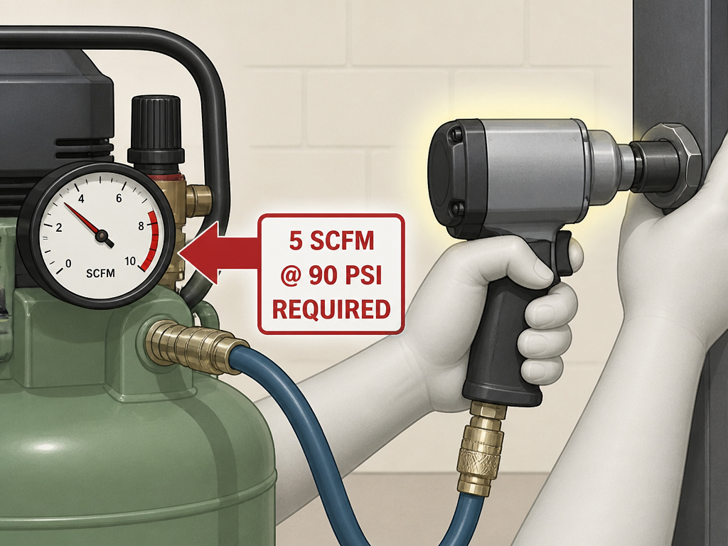 Diagram showing air compressor SCFM output failing to meet an impact wrench's requirement.