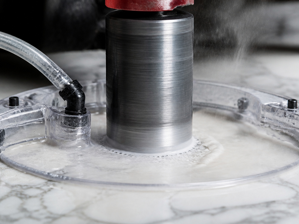 Water cooling a diamond drill bit to prevent heat damage in marble.