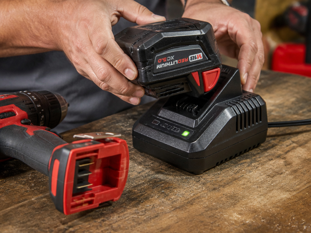 New drill battery being placed on charger with green light on.