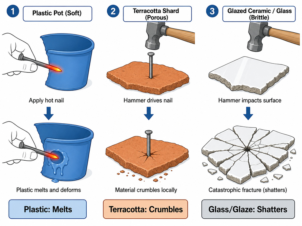Diagram comparing how plastic, terracotta, and ceramic pots fail when punctured.