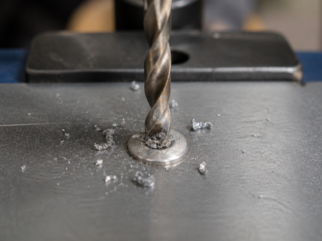 Drilling out a broken rivet stem with a centered drill bit in metal.