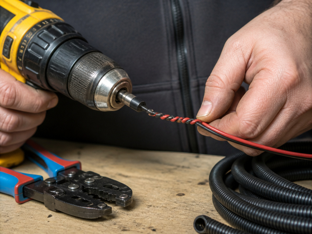 Close-up of using a drill to twist wires, showing buckling and corrective tools.