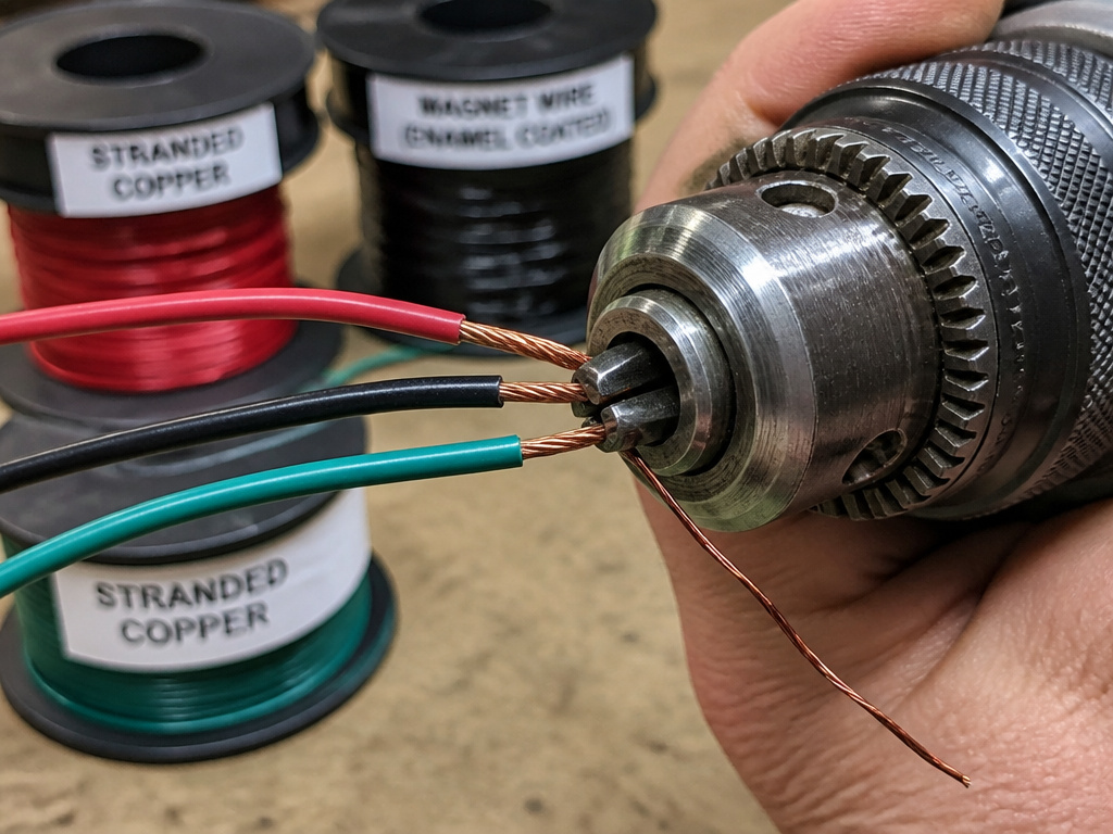 Close-up of a drill twisting suitable and unsuitable electrical wire types.