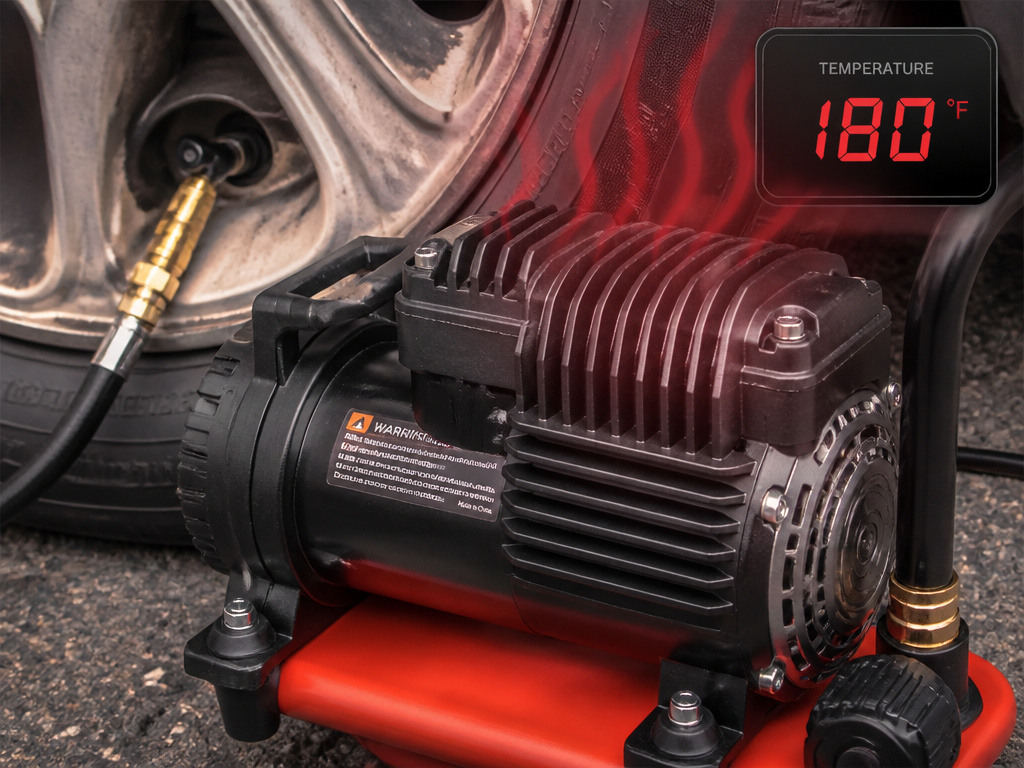 Air compressor motor overheating while inflating a car tire, showing duty cycle limit.